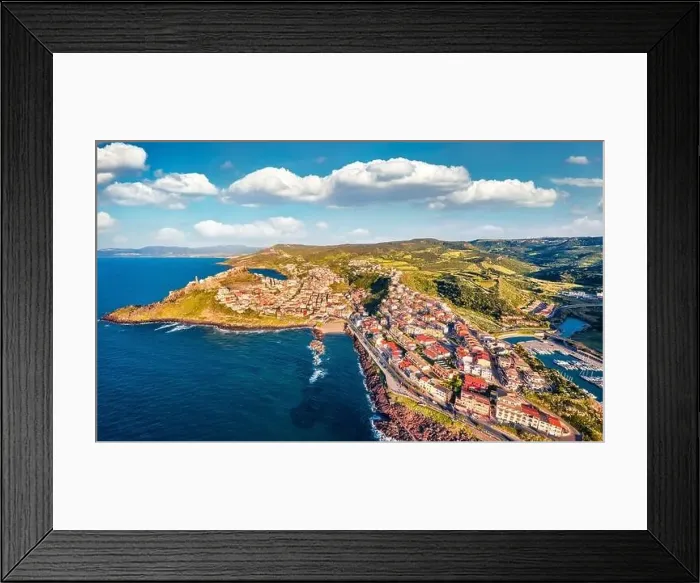 Framed Print : View from flying drone. Breathtaking spring cityscape of Castelsardo port Framed Print : View from flying drone. Breathtaking spring cityscape of Castelsardo port