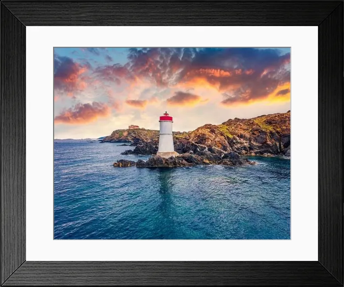 Framed Print : View from flying drone. Exciting morning view of di Capo Ferro Lighthose Framed Print : View from flying drone. Exciting morning view of di Capo Ferro Lighthose