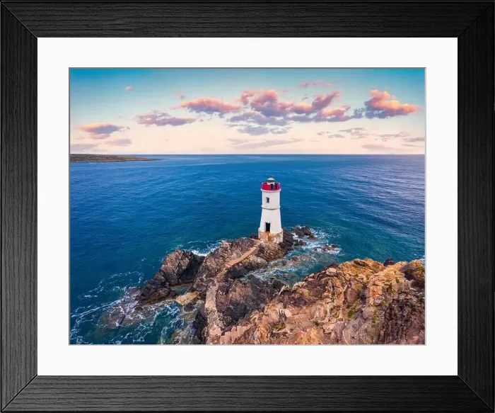 Framed Print : View from flying drone. Picturesque morning view of di Capo Ferro Lighthose Framed Print : View from flying drone. Picturesque morning view of di Capo Ferro Lighthose