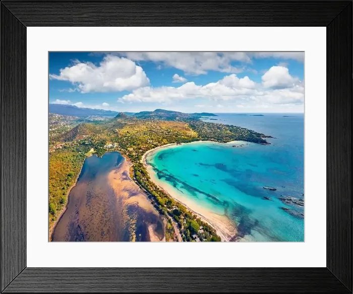 Framed Print : View from flying drone. Splendid spring view of popular tourist destination - Santa Giulia beach Framed Print : View from flying drone. Splendid spring view of popular tourist destination - Santa Giulia beach