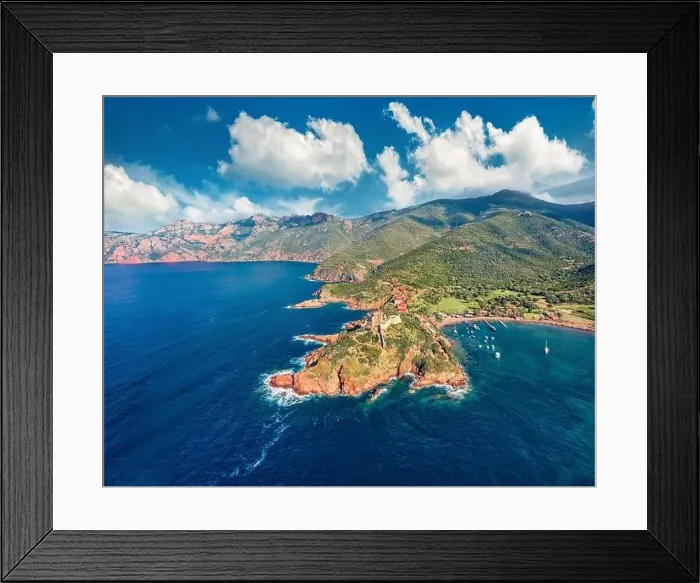 Framed Print : View from flying drone. Majestic morning view of Port de Girolata - place Framed Print : View from flying drone. Majestic morning view of Port de Girolata - place