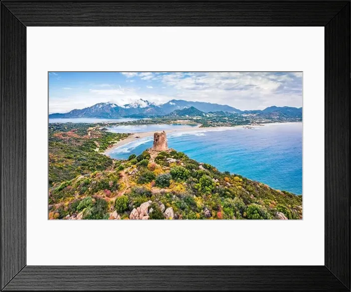 Framed Print : View from flying drone. Perfect spring scene of Torre di Porto Giunco tower on Carbonara cape Framed Print : View from flying drone. Perfect spring scene of Torre di Porto Giunco tower on Carbonara cape