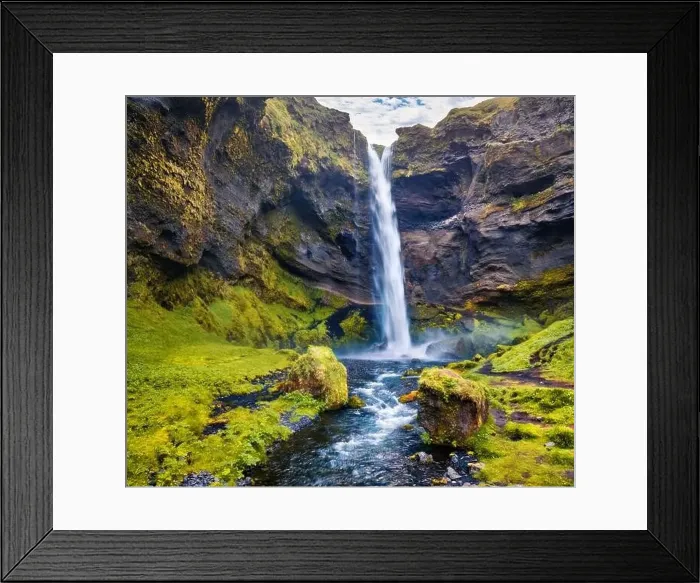 Framed Print : View from flying drone. Captivating morning scene of Kvernufoss watterfall Framed Print : View from flying drone. Captivating morning scene of Kvernufoss watterfall