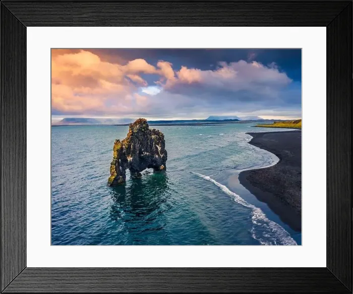 Framed Print : View from flying drone. Beautifulsunset with huge basalt stack - Hvitserkur on background
