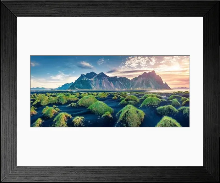 Framed Print : Panoramic view from flying drone of black sand dunes on Stokksnes cape with Vestrahorn (Batman Mountain) on background Framed Print : Panoramic view from flying drone of black sand dunes on Stokksnes cape with Vestrahorn (Batman Mountain) on background