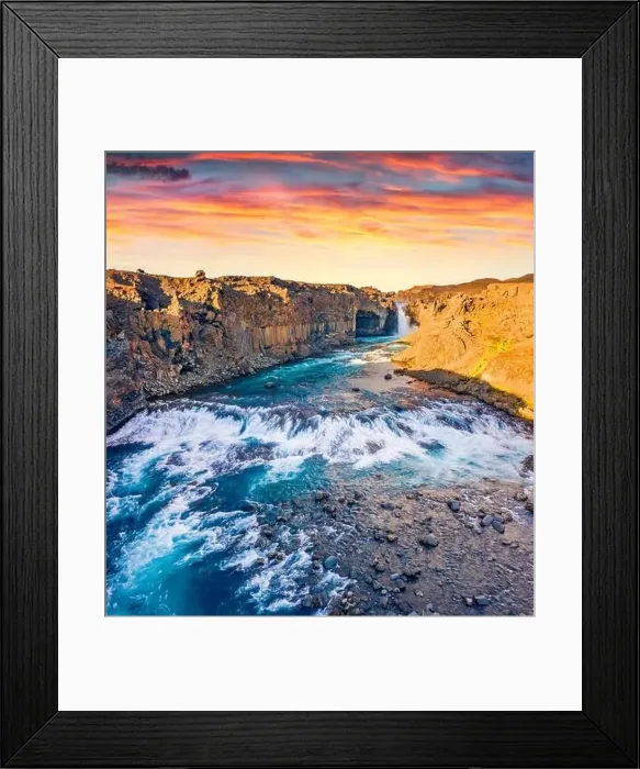 Framed Print : View from flying drone. Spectacular summer sunset on Ingvararfoss waterfall Framed Print : View from flying drone. Spectacular summer sunset on Ingvararfoss waterfall