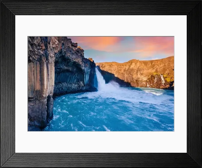 Framed Print : View from flying drone. Impressive summer sunrise on Ingvararfoss waterfall Framed Print : View from flying drone. Impressive summer sunrise on Ingvararfoss waterfall