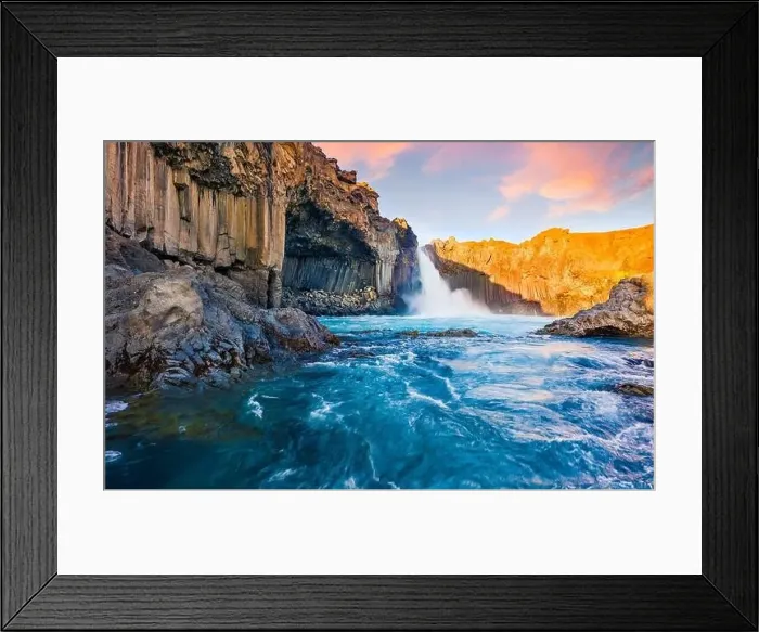 Framed Print : View from flying drone. Great summer sunrise on Ingvararfoss waterfall Framed Print : View from flying drone. Great summer sunrise on Ingvararfoss waterfall