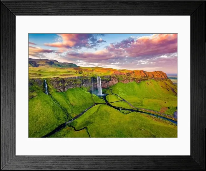 Framed Print : View from flying drone. Captivating summer view of Seljalandsfoss waterfall Framed Print : View from flying drone. Captivating summer view of Seljalandsfoss waterfall