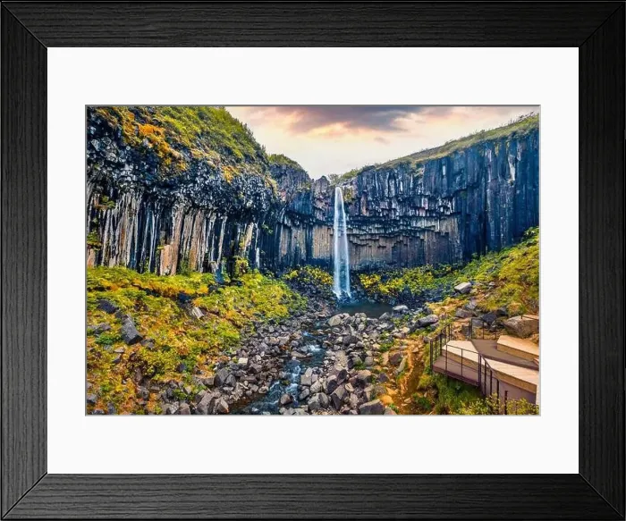 Framed Print : View from flying drone. Amazing morning view of famous Svartifoss (Black Fall) Waterfall Framed Print : View from flying drone. Amazing morning view of famous Svartifoss (Black Fall) Waterfall