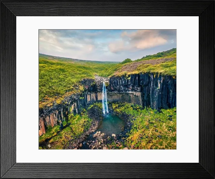 Framed Print : View from flying drone. Splendid morning view of famous Svartifoss (Black Fall) Waterfall Framed Print : View from flying drone. Splendid morning view of famous Svartifoss (Black Fall) Waterfall