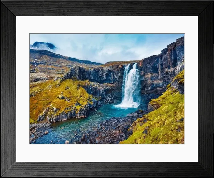 Framed Print : View from flying drone of Gufufoss (Gufu Waterfall) Framed Print : View from flying drone of Gufufoss (Gufu Waterfall)