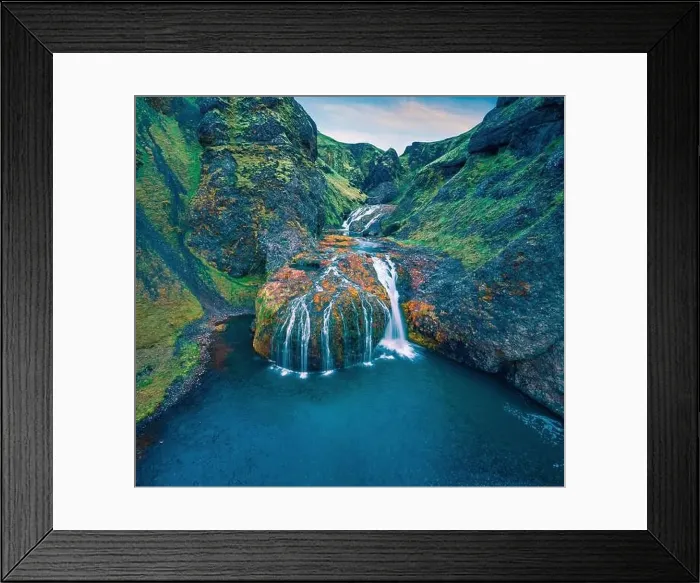 Framed Print : View from flying drone of Stjornarfoss waterfall at midnight sun Framed Print : View from flying drone of Stjornarfoss waterfall at midnight sun