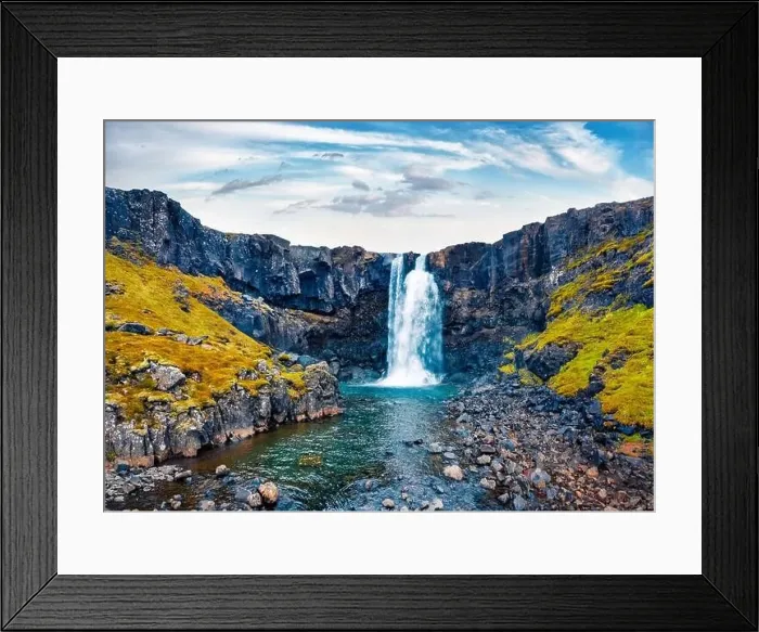 Framed Print : View from flying drone of Gufufoss (Gufu Waterfall) Framed Print : View from flying drone of Gufufoss (Gufu Waterfall)