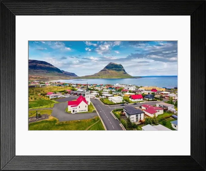 Framed Print : View from flying drone. Splendid morning cityscape of Grundarfjordur town with Kirkjufell Mountain on background Framed Print : View from flying drone. Splendid morning cityscape of Grundarfjordur town with Kirkjufell Mountain on background