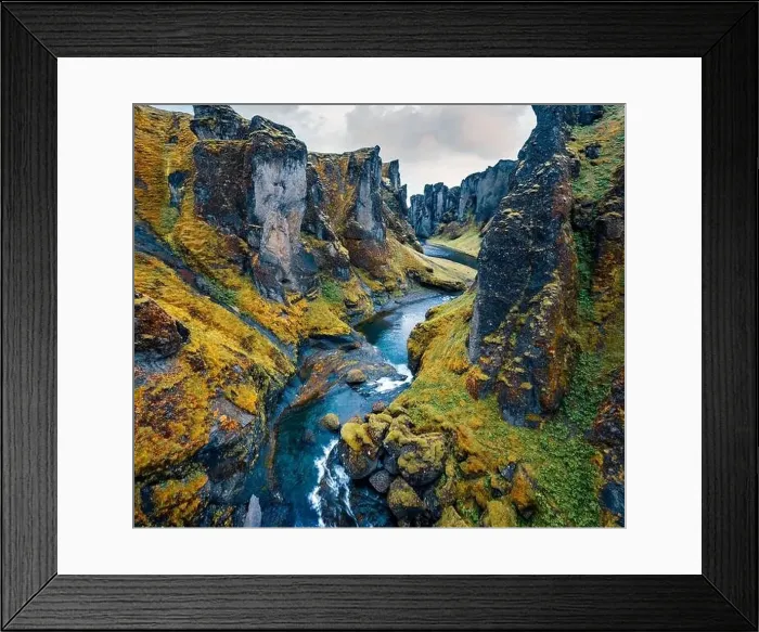 Framed Print : View from flying drone of Fjadrargljufur canyon and river Framed Print : View from flying drone of Fjadrargljufur canyon and river
