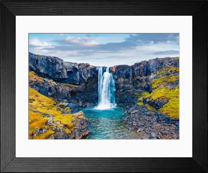 Framed Print : View from flying drone of Gufufoss (Gufu Waterfall) Framed Print : View from flying drone of Gufufoss (Gufu Waterfall)