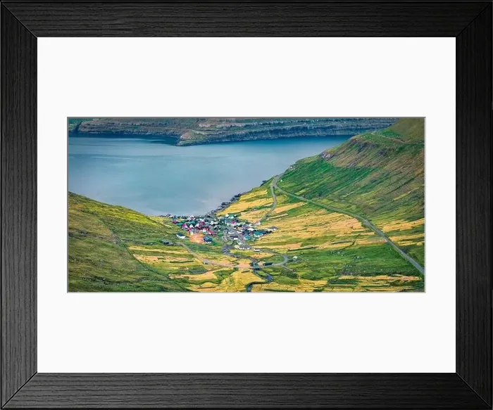 Framed Print : View from flying drone. Splendid morning view of Funningur village Framed Print : View from flying drone. Splendid morning view of Funningur village