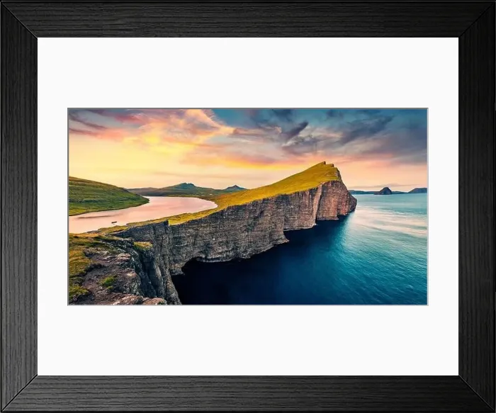 Framed Print : View from flying drone. Astonishing morning scene of Sorvagsvatn lake Framed Print : View from flying drone. Astonishing morning scene of Sorvagsvatn lake