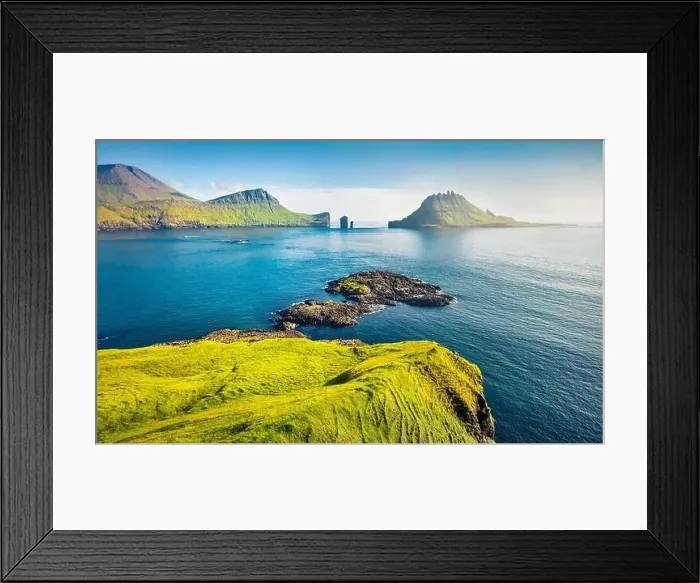 Framed Print : View from flying drone. Breathtaking summer scene of Faroe Islands and Tindholmur cliffs on background Framed Print : View from flying drone. Breathtaking summer scene of Faroe Islands and Tindholmur cliffs on background