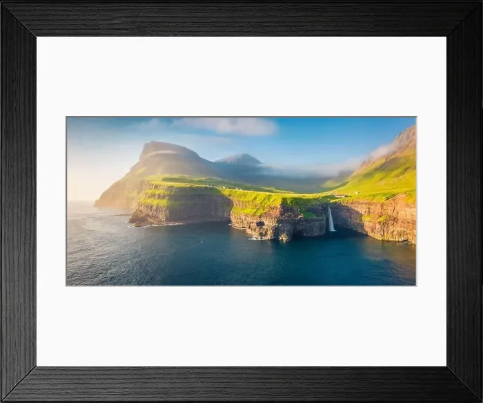 Framed Print : View from flying drone. Panoramic morning scene of Mulafossur Waterfall Framed Print : View from flying drone. Panoramic morning scene of Mulafossur Waterfall