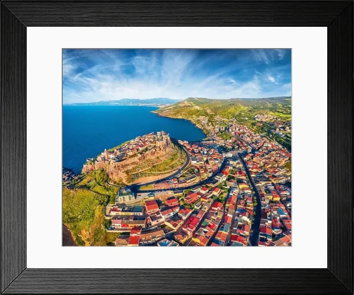 Framed Print : View from flying drone. Impressive summer cityscape of Castelsardo port Framed Print : View from flying drone. Impressive summer cityscape of Castelsardo port