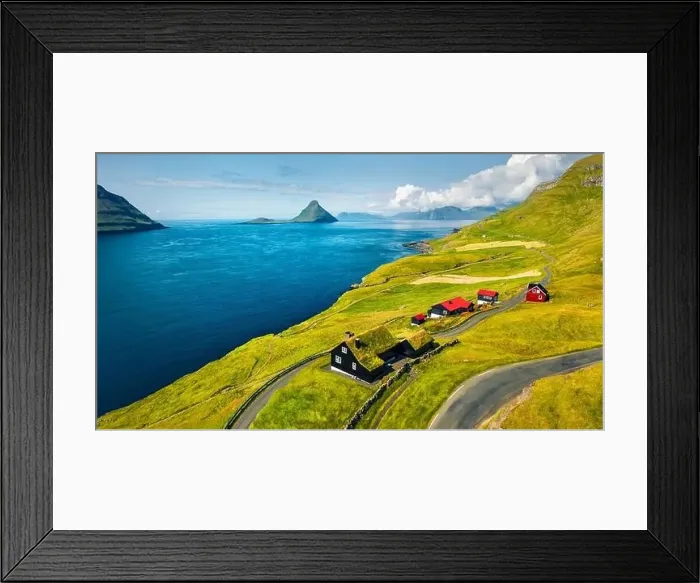 Framed Print : View from flying drone. Sunny summer view of Velbastadur village with typical turf-top houses Framed Print : View from flying drone. Sunny summer view of Velbastadur village with typical turf-top houses