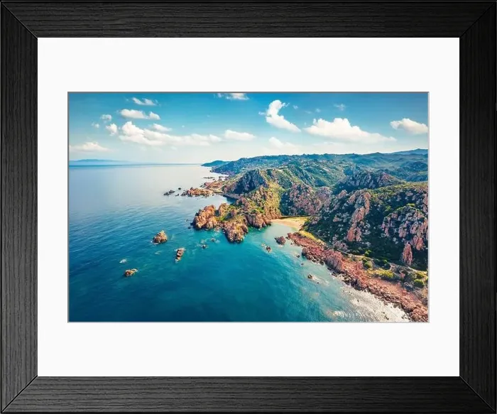 Framed Print : View from flying drone. Aerial morning view of Li Cossi beach Framed Print : View from flying drone. Aerial morning view of Li Cossi beach