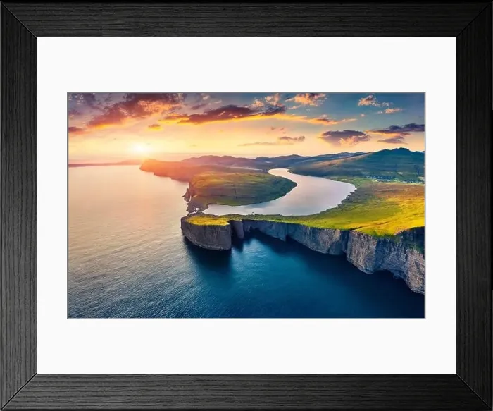 Framed Print : View from flying drone. Breathtaking evening scene of Sorvagsvatn lake