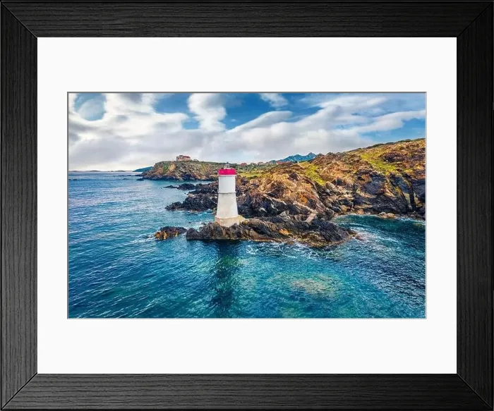 Framed Print : View from flying drone. Marvelous morning view of di Capo Ferro Lighthose Framed Print : View from flying drone. Marvelous morning view of di Capo Ferro Lighthose