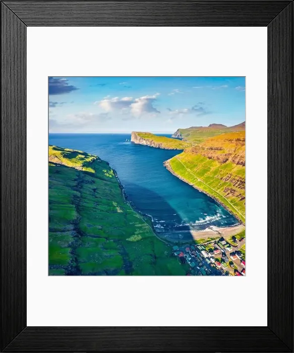 Framed Print : View from flying drone. Sunny summer view of Tjornuvik village with Eidiskollur cliffs on background Framed Print : View from flying drone. Sunny summer view of Tjornuvik village with Eidiskollur cliffs on background
