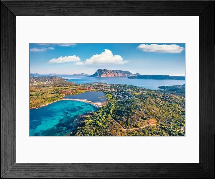 Framed Print : View from flying drone. Astonishing summer scene of Salina Bamba beach with Tavolara mountain on background Framed Print : View from flying drone. Astonishing summer scene of Salina Bamba beach with Tavolara mountain on background