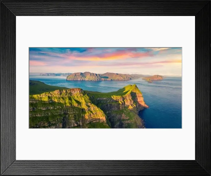 Framed Print : View from flying drone. Colorful sunset on Mykines island Framed Print : View from flying drone. Colorful sunset on Mykines island