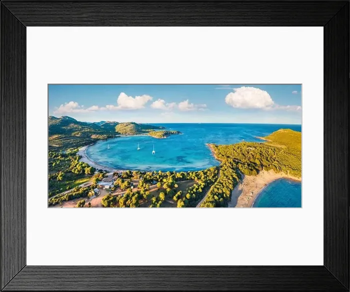 Framed Print : View from flying drone. Panoramic summer view of Rondinara beach Framed Print : View from flying drone. Panoramic summer view of Rondinara beach