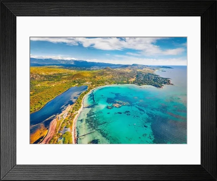 Framed Print : View from flying drone. Exotic summer view of popular tourist destination - Santa Giulia beach Framed Print : View from flying drone. Exotic summer view of popular tourist destination - Santa Giulia beach