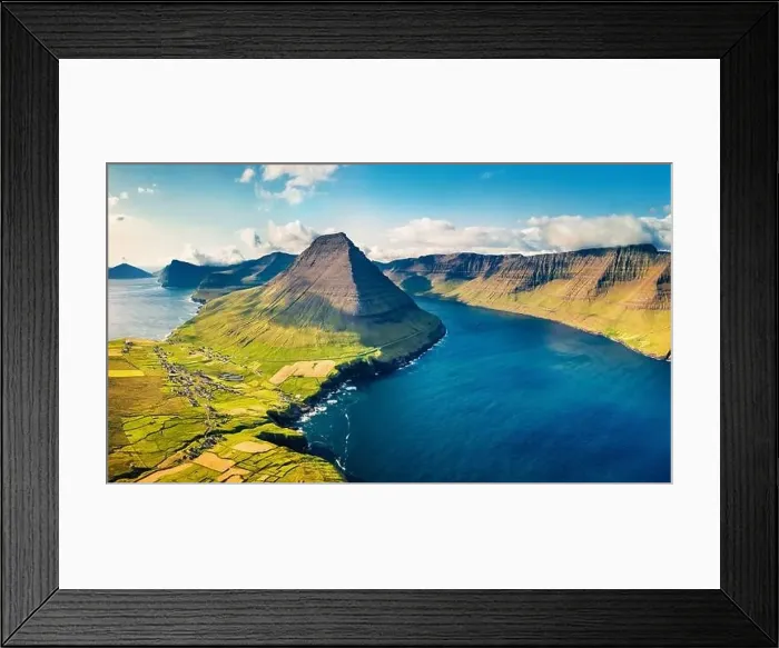 Framed Print : View from flying drone. Sunny summer scene of Vidareidi village Framed Print : View from flying drone. Sunny summer scene of Vidareidi village