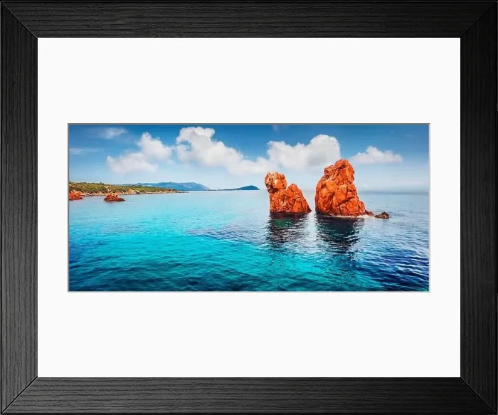 Framed Print : View from flying drone. Panoramic summer view of Red Rocks Gli Scogli Rossi - Faraglioni on the di Cea beach