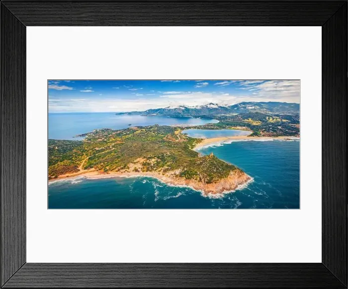 Framed Print : View from flying drone. Perfect spring scene of Torre di Porto Giunco tower on Carbonara cape Framed Print : View from flying drone. Perfect spring scene of Torre di Porto Giunco tower on Carbonara cape