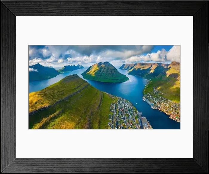 Framed Print : View from flying drone. Awesome summer cityscape of Klaksvik town Framed Print : View from flying drone. Awesome summer cityscape of Klaksvik town