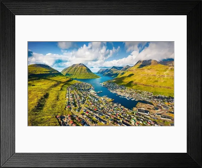 Framed Print : View from flying drone. Sunny summer cityscape of Klaksvik town Framed Print : View from flying drone. Sunny summer cityscape of Klaksvik town