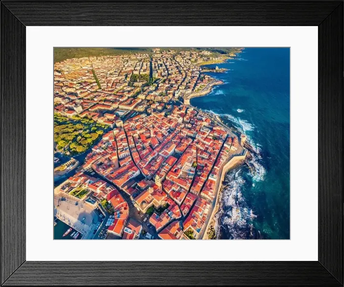 Framed Print : View from flying drone. Sunny summer cityscape of Alghero port Framed Print : View from flying drone. Sunny summer cityscape of Alghero port