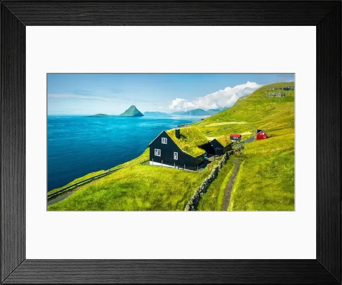 Framed Print : View from flying drone. Dramatic summer view of Velbastadur village with typical turf-top houses Framed Print : View from flying drone. Dramatic summer view of Velbastadur village with typical turf-top houses
