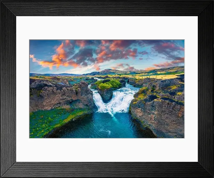 Framed Print : View from flying drone. Dramatic sunset on Hjalparfoss Waterfall Framed Print : View from flying drone. Dramatic sunset on Hjalparfoss Waterfall