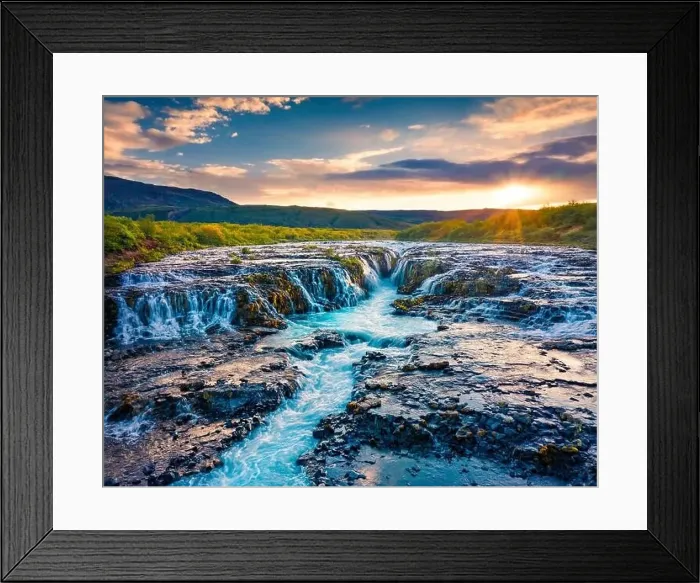 Framed Print : View from flying drone. Exciting summer sunrise on Bruarfoss Waterfall Framed Print : View from flying drone. Exciting summer sunrise on Bruarfoss Waterfall