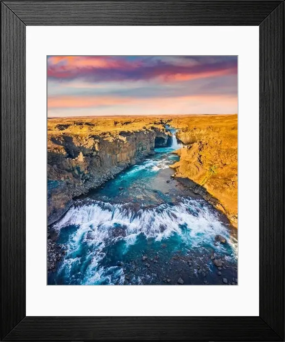 Framed Print : View from flying drone. Sunny summer sunset on Ingvararfoss waterfall Framed Print : View from flying drone. Sunny summer sunset on Ingvararfoss waterfall
