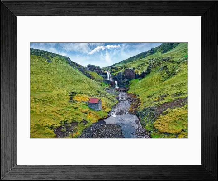 Framed Print : View from flying drone. Splendid morning view of nameless waterfall on Rauda river Framed Print : View from flying drone. Splendid morning view of nameless waterfall on Rauda river