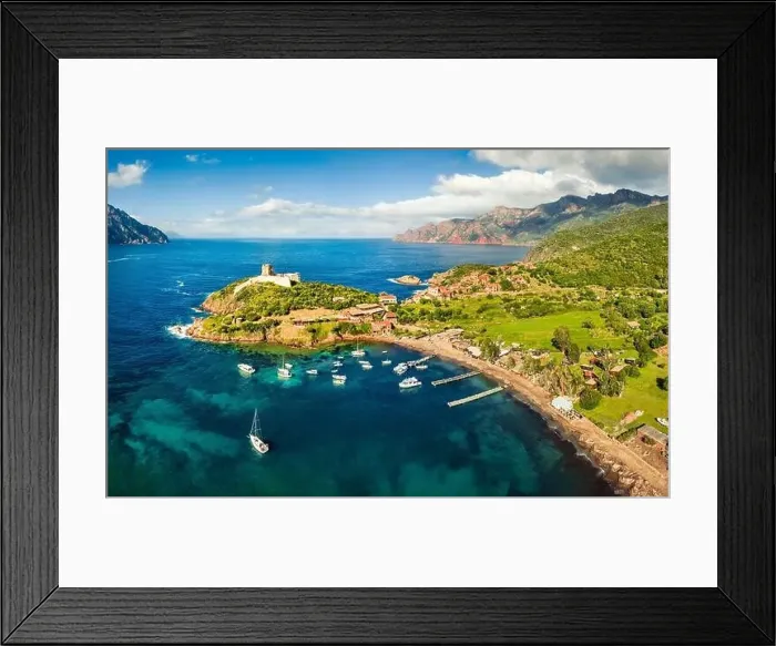 Framed Print : View from flying drone. Bright afternoon view of Port de Girolata - place Framed Print : View from flying drone. Bright afternoon view of Port de Girolata - place