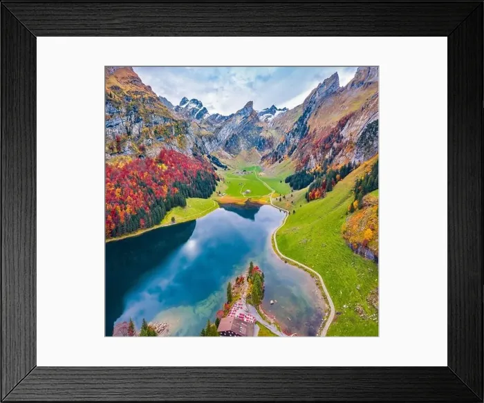 Framed Print : View from flying drone. Splendid morning view of Seealpsee lake Framed Print : View from flying drone. Splendid morning view of Seealpsee lake