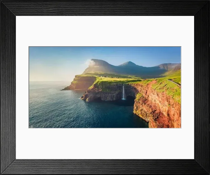 Framed Print : View from flying drone. Majestic morning scene of Mulafossur Waterfall Framed Print : View from flying drone. Majestic morning scene of Mulafossur Waterfall