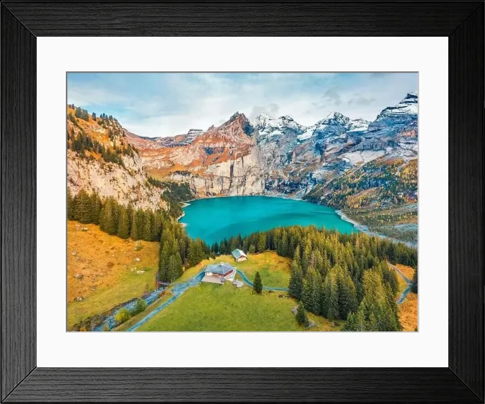 Framed Print : View from flying drone. Stunning autumn view of unique Oeschinensee Lake Framed Print : View from flying drone. Stunning autumn view of unique Oeschinensee Lake